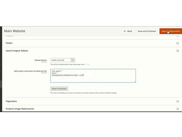 Configure the robot.txt file in magento2