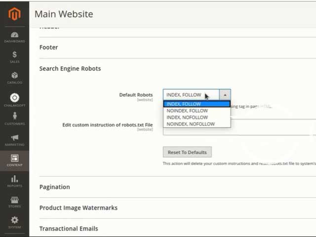 Configure the robot.txt file in magento2